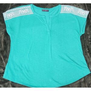 Lane Bryant Green Blouse Top Women's 10/12 Aztec Embroidered Elegant Classic